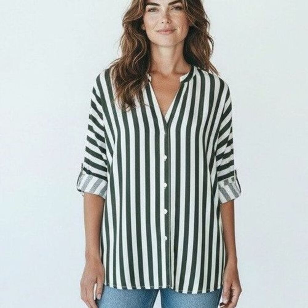 Club Z Collection Striped Button Front Blouse Green White 1X Rayon